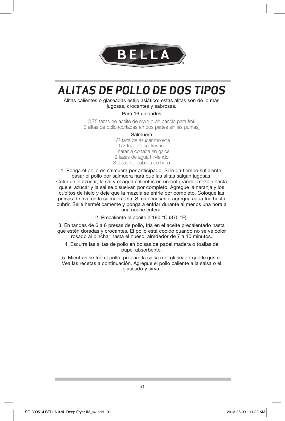 Alitas de pollo de dos tipos | BELLA 13769 0.9L Deep Fryer User Manual | Page 33 / 36