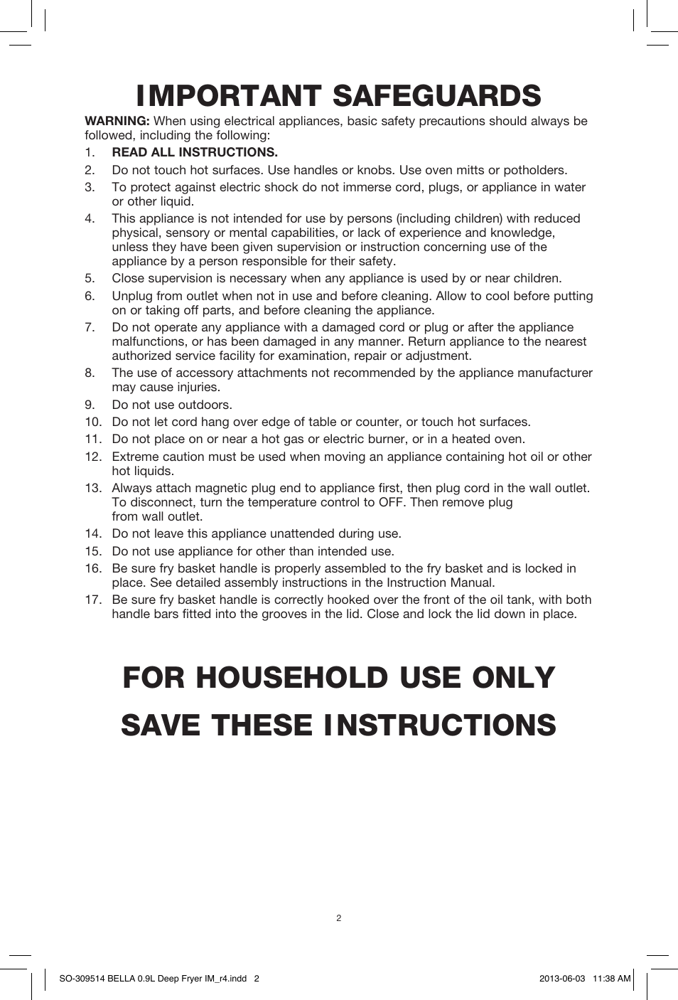 Important safeguards, For household use only save these instructions | BELLA 13769 0.9L Deep Fryer User Manual | Page 4 / 36