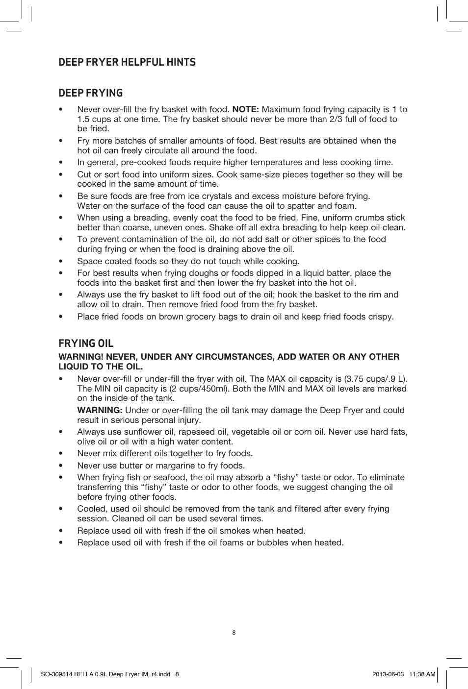 BELLA 13691 0.9L Deep Fryer User Manual | Page 10 / 36