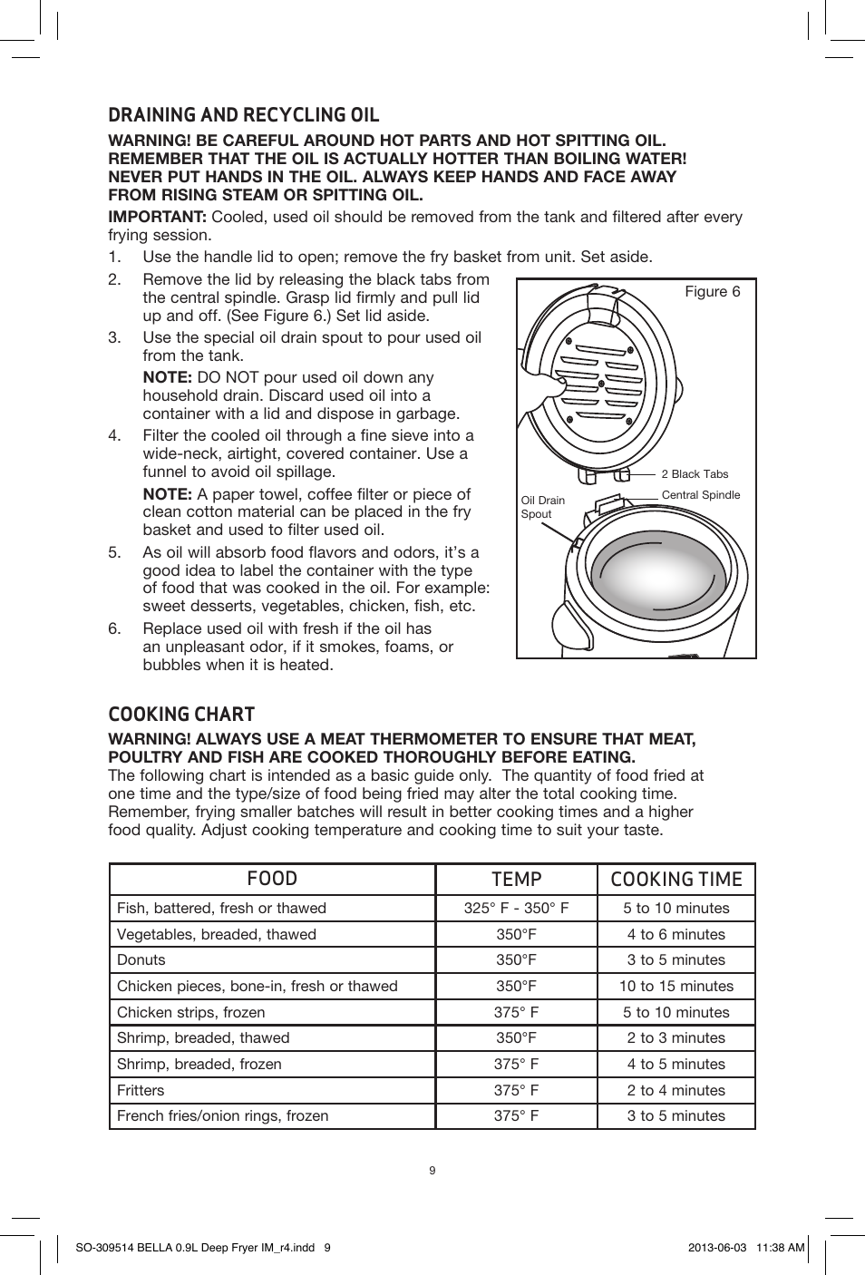 Draining and recycling oil, Cooking chart, Food temp cooking time | BELLA 13691 0.9L Deep Fryer User Manual | Page 11 / 36