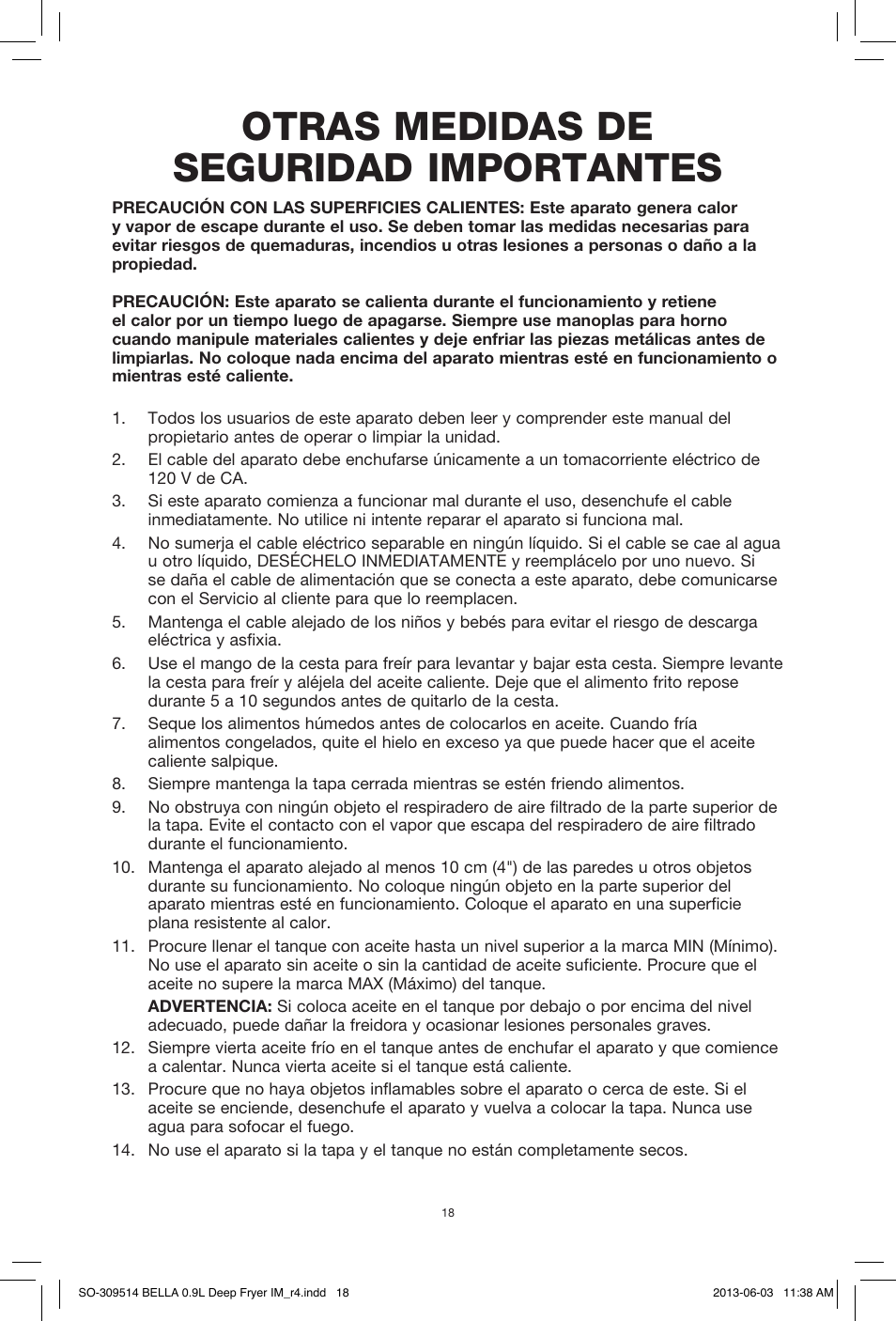 Otras medidas de seguridad importantes | BELLA 13691 0.9L Deep Fryer User Manual | Page 20 / 36