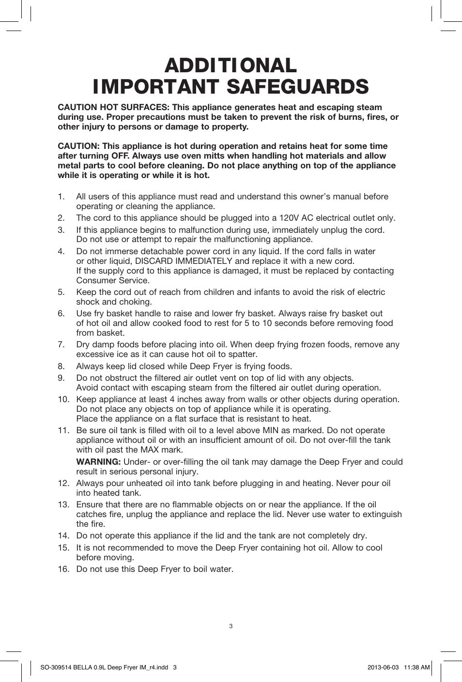 Additional important safeguards | BELLA 13691 0.9L Deep Fryer User Manual | Page 5 / 36