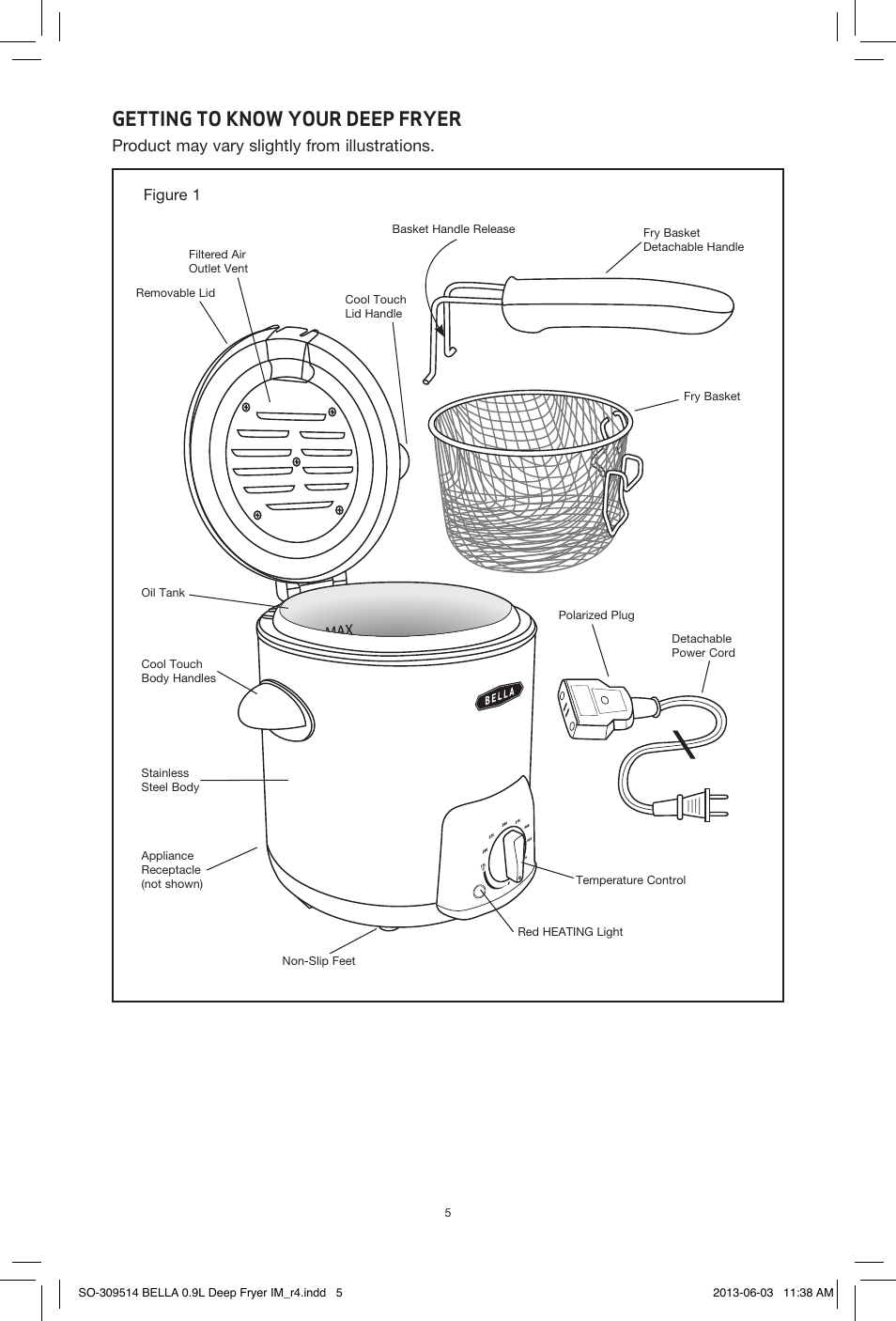 Getting to know your deep fryer, Product may vary slightly from illustrations | BELLA 13691 0.9L Deep Fryer User Manual | Page 7 / 36