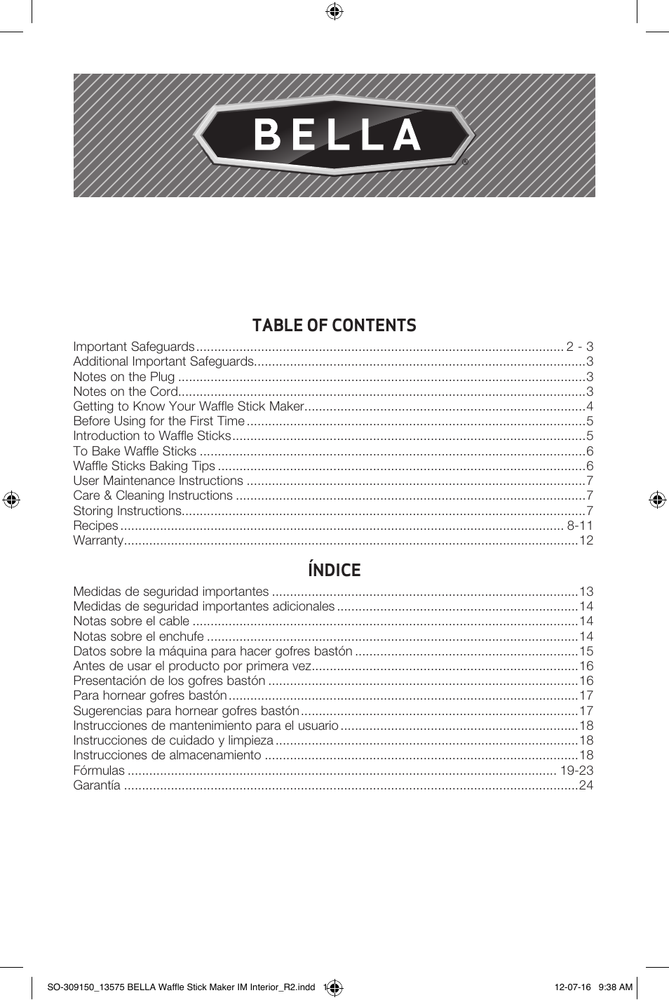 BELLA 13575 Waffle Stick Maker User Manual | 24 pages