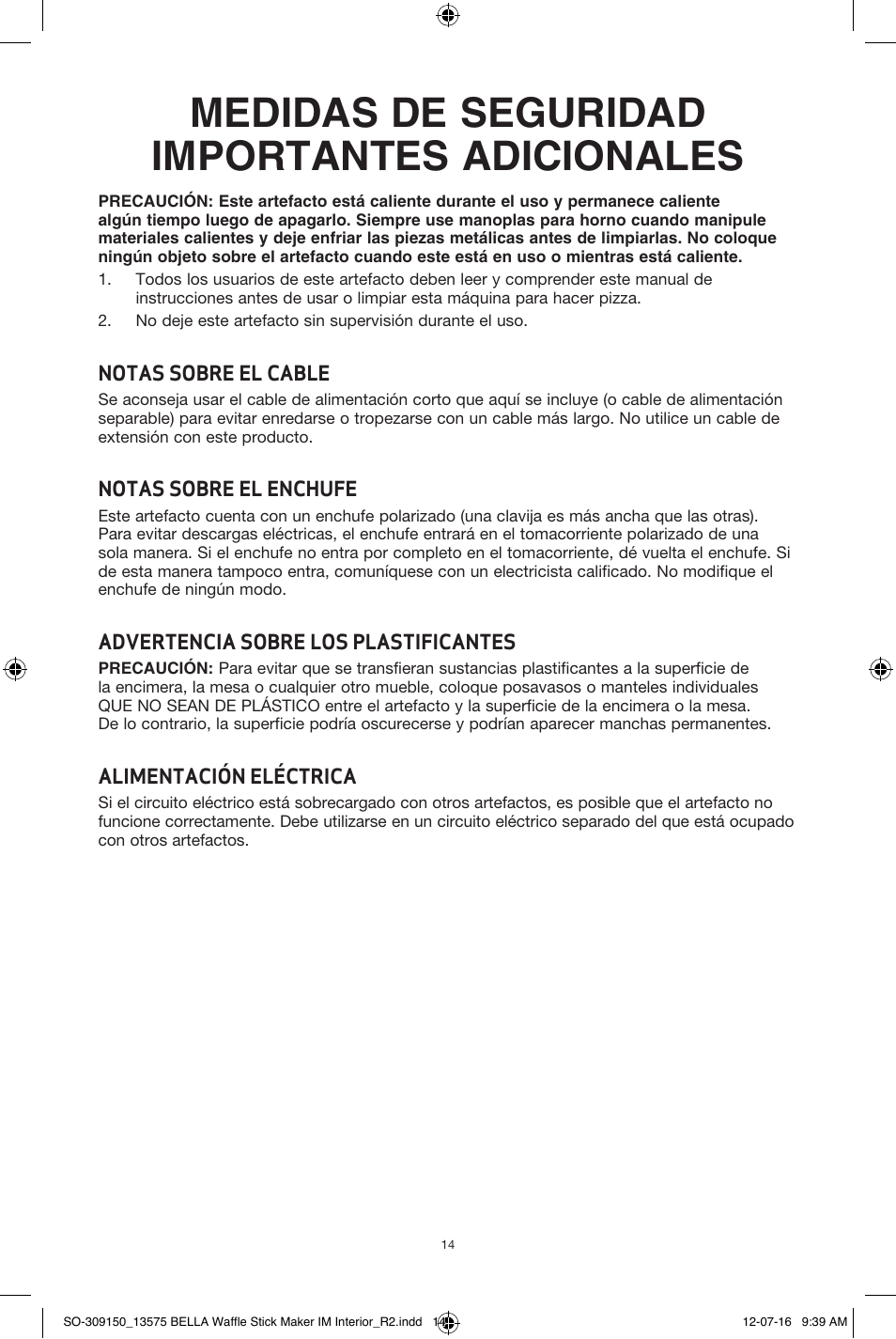 Medidas de seguridad importantes adicionales | BELLA 13575 Waffle Stick Maker User Manual | Page 14 / 24