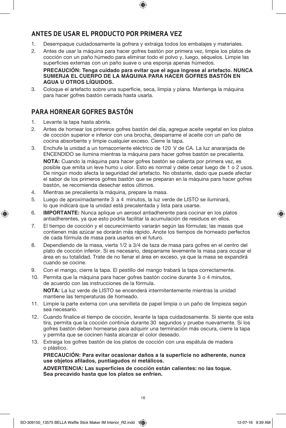 Antes de usar el producto por primera vez, Para hornear gofres bastón | BELLA 13575 Waffle Stick Maker User Manual | Page 16 / 24