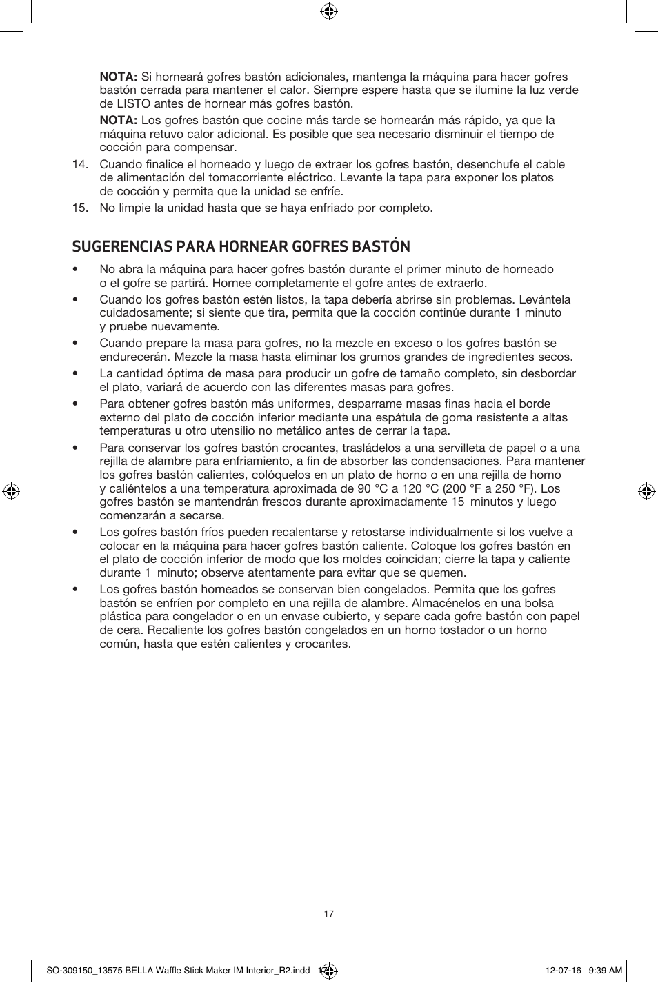 Sugerencias para hornear gofres bastón | BELLA 13575 Waffle Stick Maker User Manual | Page 17 / 24