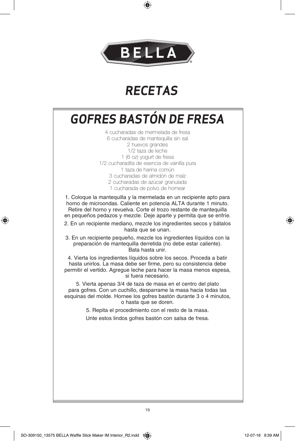 Recetas gofres bastón de fresa | BELLA 13575 Waffle Stick Maker User Manual | Page 19 / 24