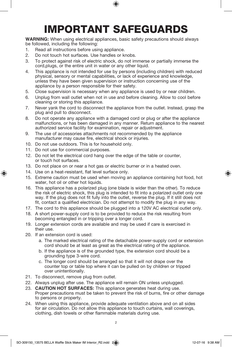 Important safeguards | BELLA 13575 Waffle Stick Maker User Manual | Page 2 / 24