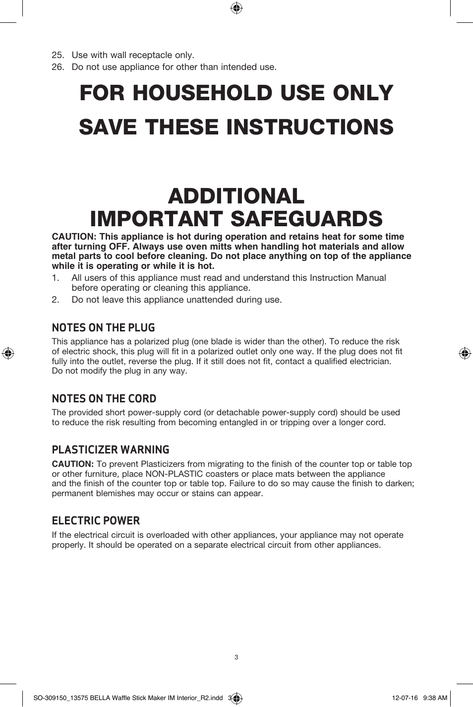 BELLA 13575 Waffle Stick Maker User Manual | Page 3 / 24