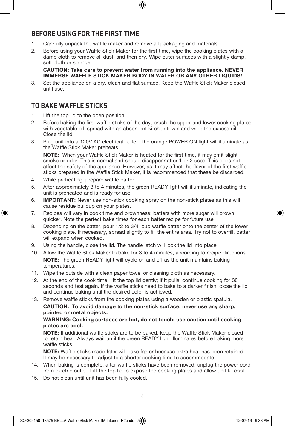 Before using for the first time | BELLA 13575 Waffle Stick Maker User Manual | Page 5 / 24