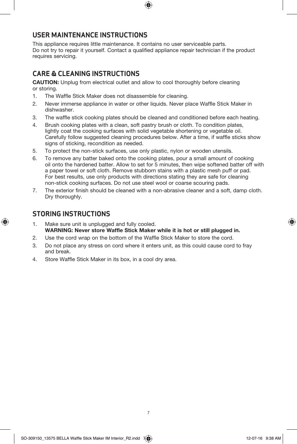 User maintenance instructions, Care & cleaning instructions, Storing instructions | BELLA 13575 Waffle Stick Maker User Manual | Page 7 / 24