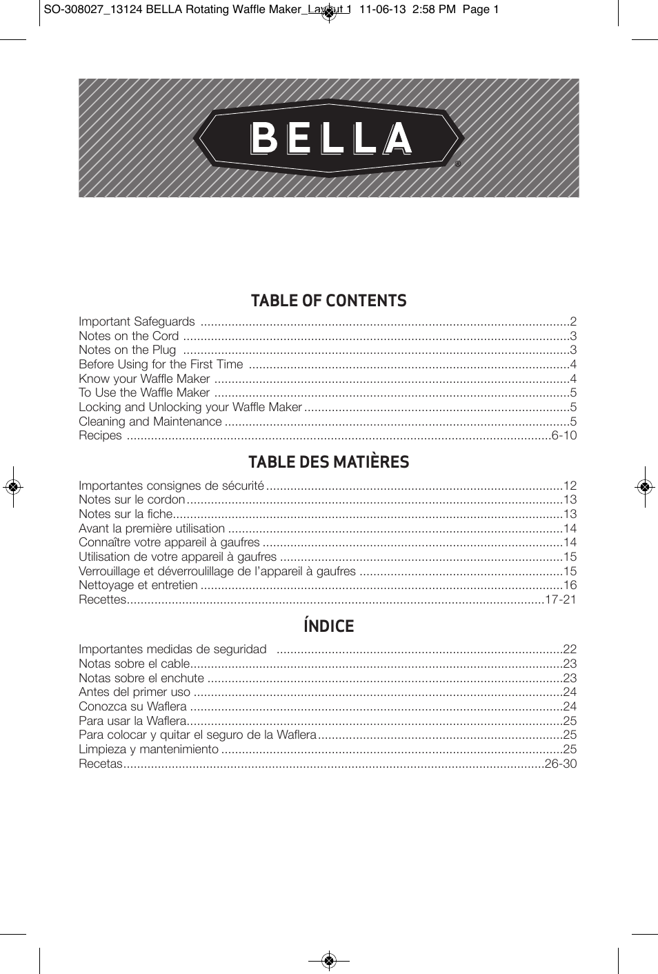 BELLA 13124 Rotating Waffle Maker User Manual | 32 pages