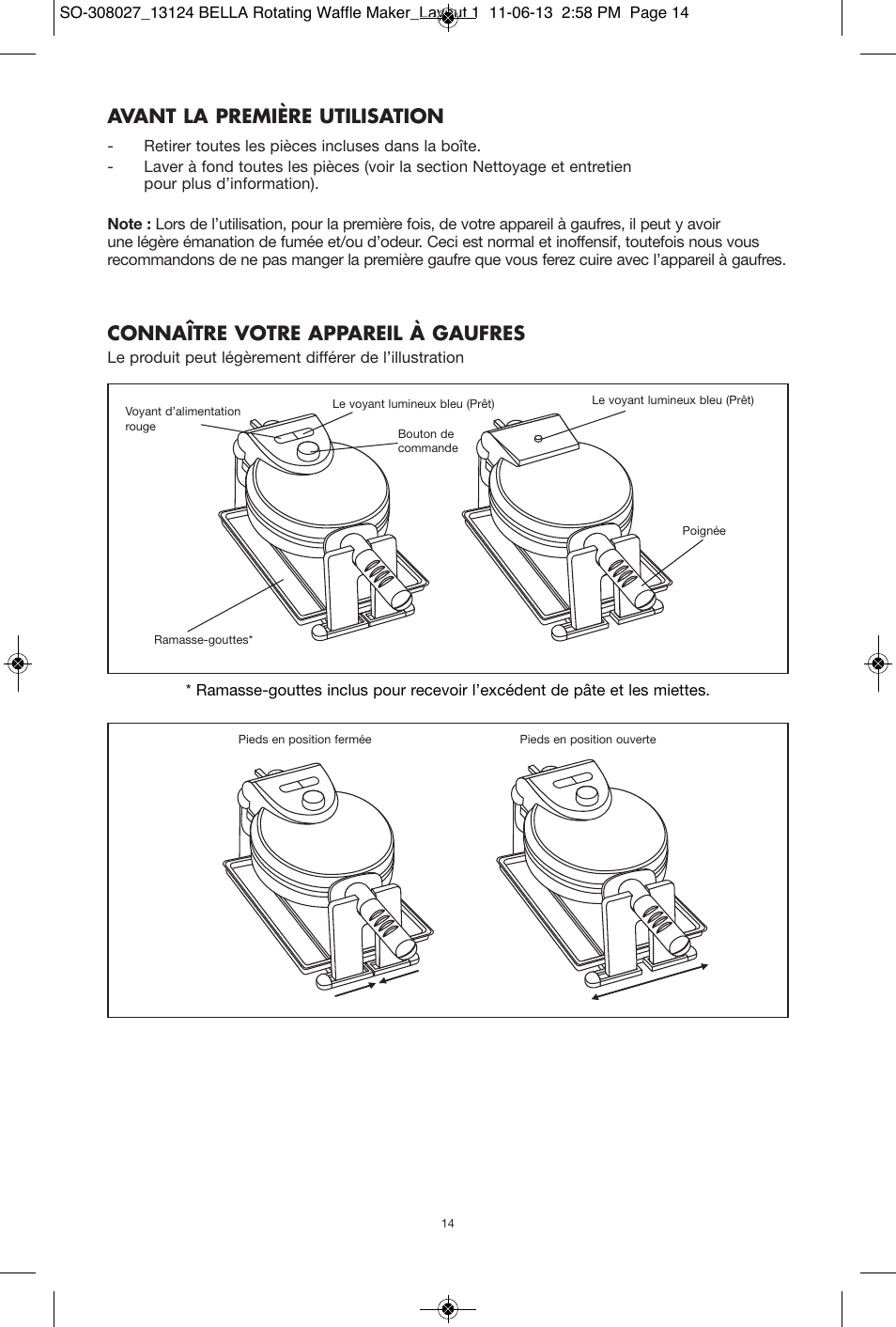Avant la première utilisation, Connaître votre appareil à gaufres | BELLA 13124 Rotating Waffle Maker User Manual | Page 14 / 32