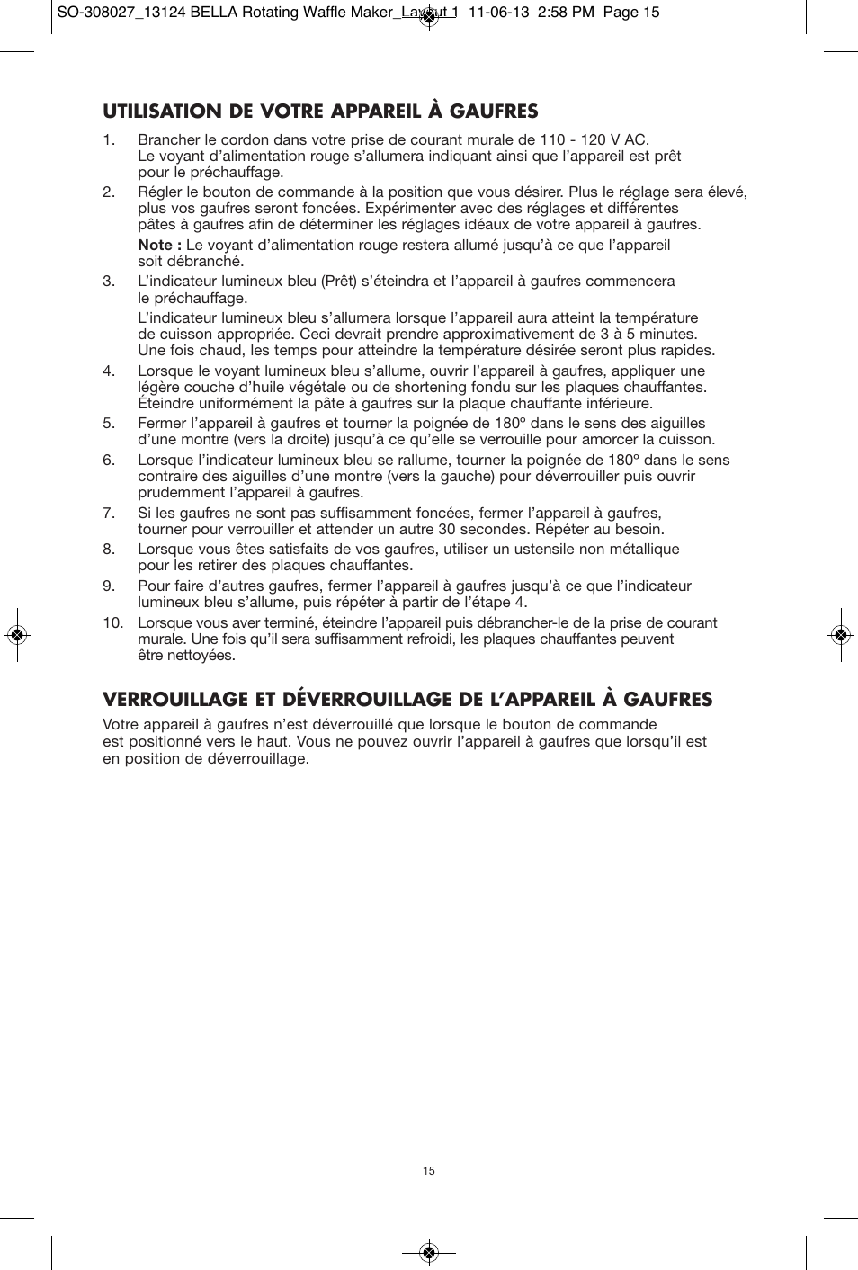 Utilisation de votre appareil à gaufres | BELLA 13124 Rotating Waffle Maker User Manual | Page 15 / 32
