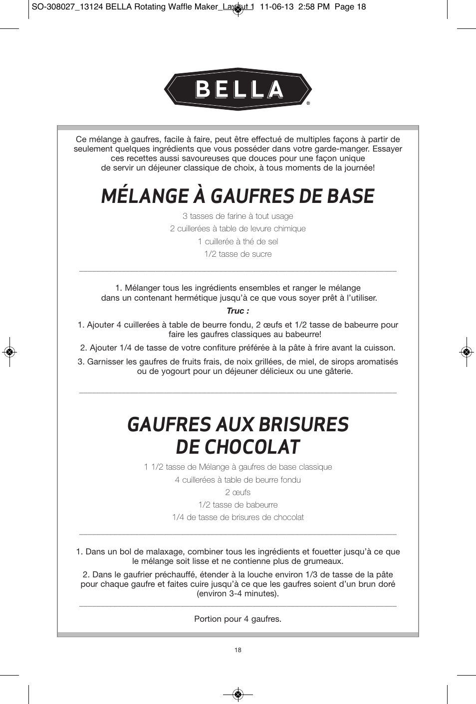 Mélange à gaufres de base, Gaufres aux brisures de chocolat | BELLA 13124 Rotating Waffle Maker User Manual | Page 18 / 32
