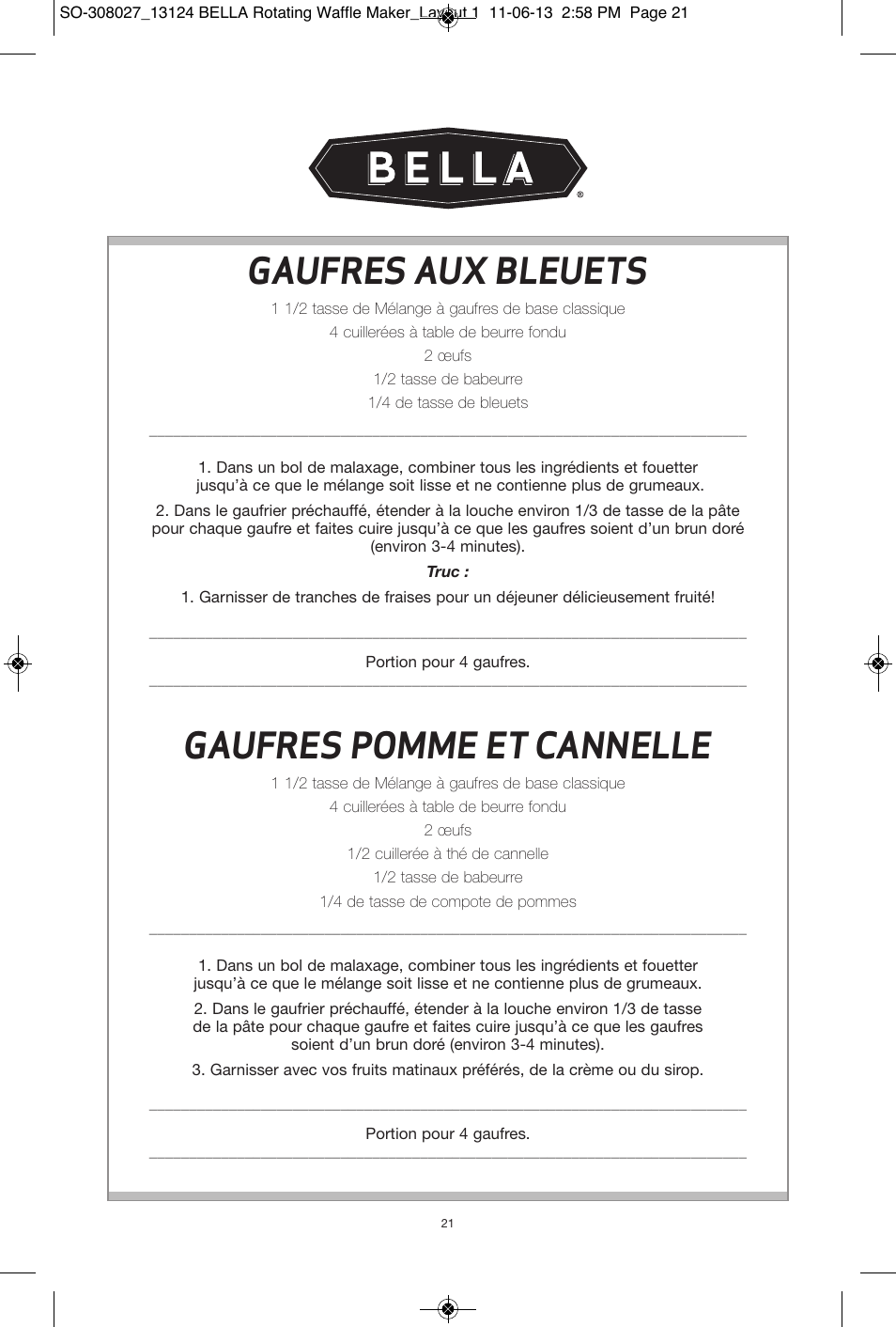 Gaufres aux bleuets, Gaufres pomme et cannelle | BELLA 13124 Rotating Waffle Maker User Manual | Page 21 / 32