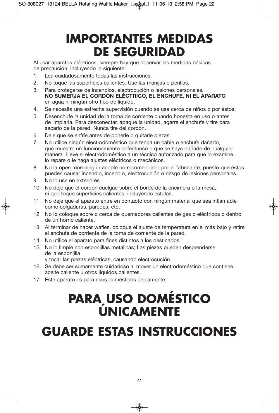 Importantes medidas de seguridad | BELLA 13124 Rotating Waffle Maker User Manual | Page 22 / 32