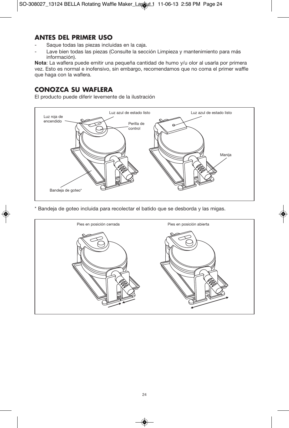 Antes del primer uso, Conozca su waflera | BELLA 13124 Rotating Waffle Maker User Manual | Page 24 / 32