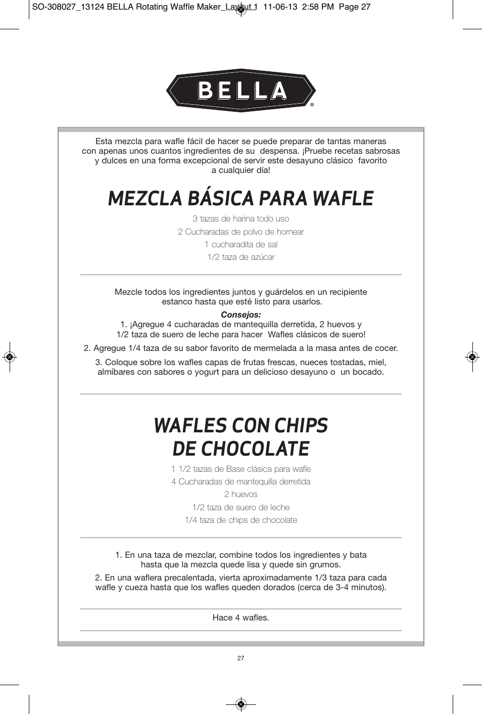 Mezcla básica para wafle, Wafles con chips de chocolate | BELLA 13124 Rotating Waffle Maker User Manual | Page 27 / 32