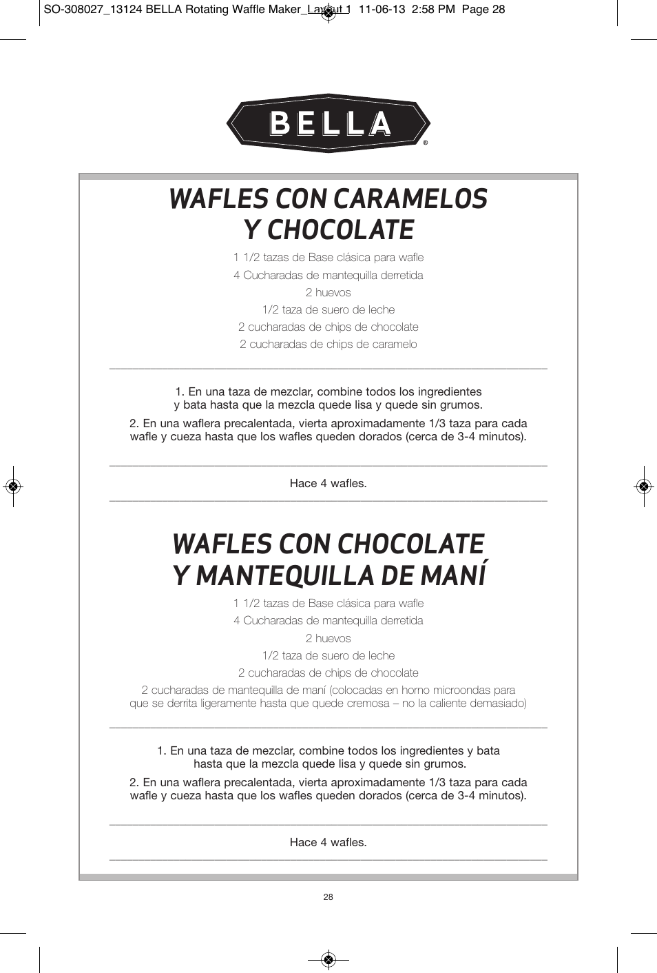 Wafles con caramelos y chocolate, Wafles con chocolate y mantequilla de maní | BELLA 13124 Rotating Waffle Maker User Manual | Page 28 / 32