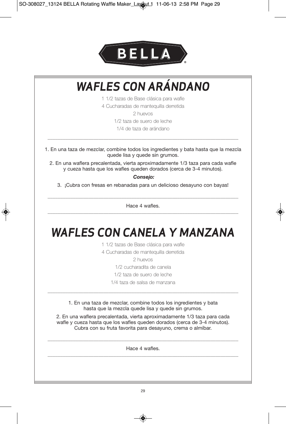 Wafles con arándano, Wafles con canela y manzana | BELLA 13124 Rotating Waffle Maker User Manual | Page 29 / 32