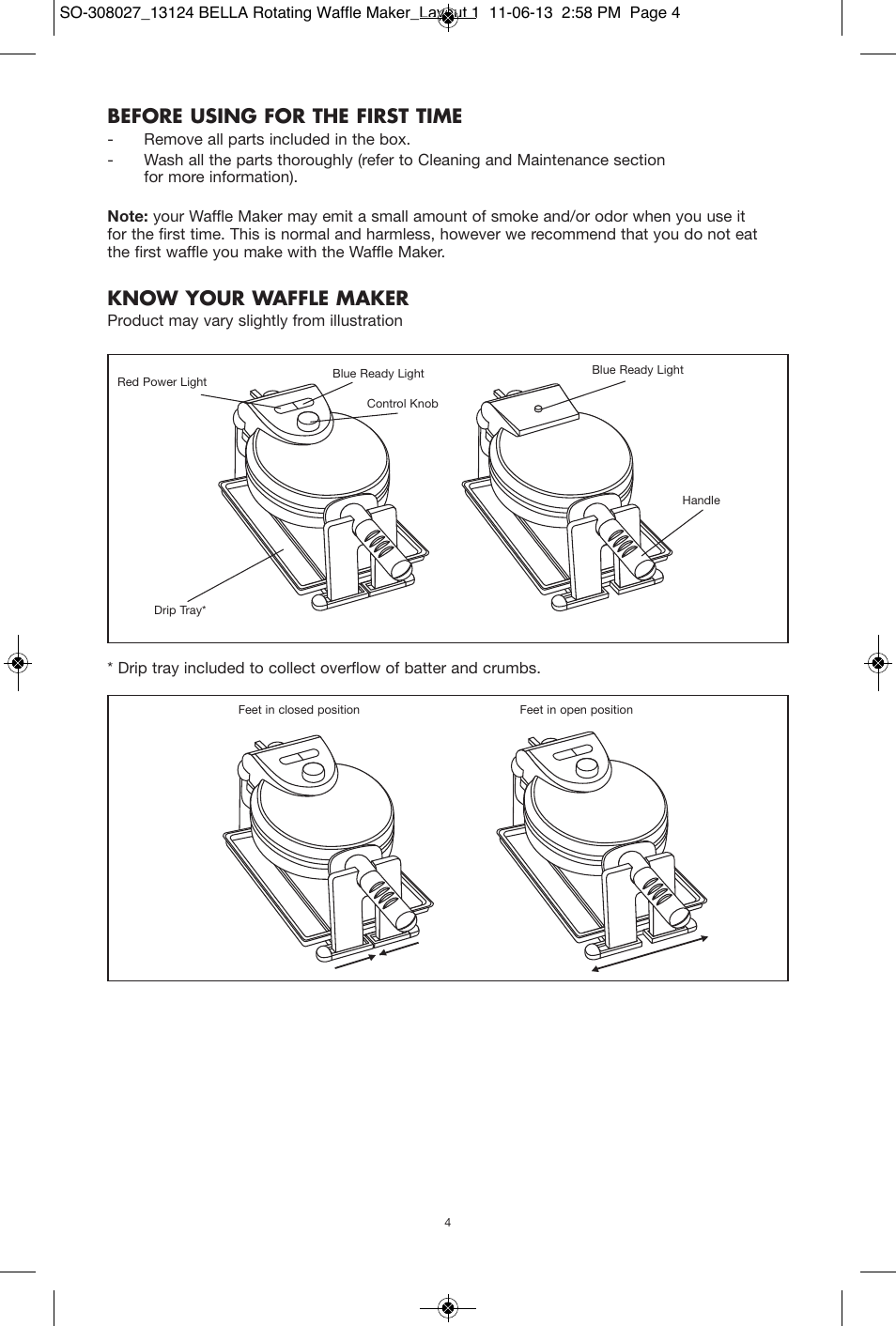 Before using for the first time, Know your waffle maker | BELLA 13124 Rotating Waffle Maker User Manual | Page 4 / 32