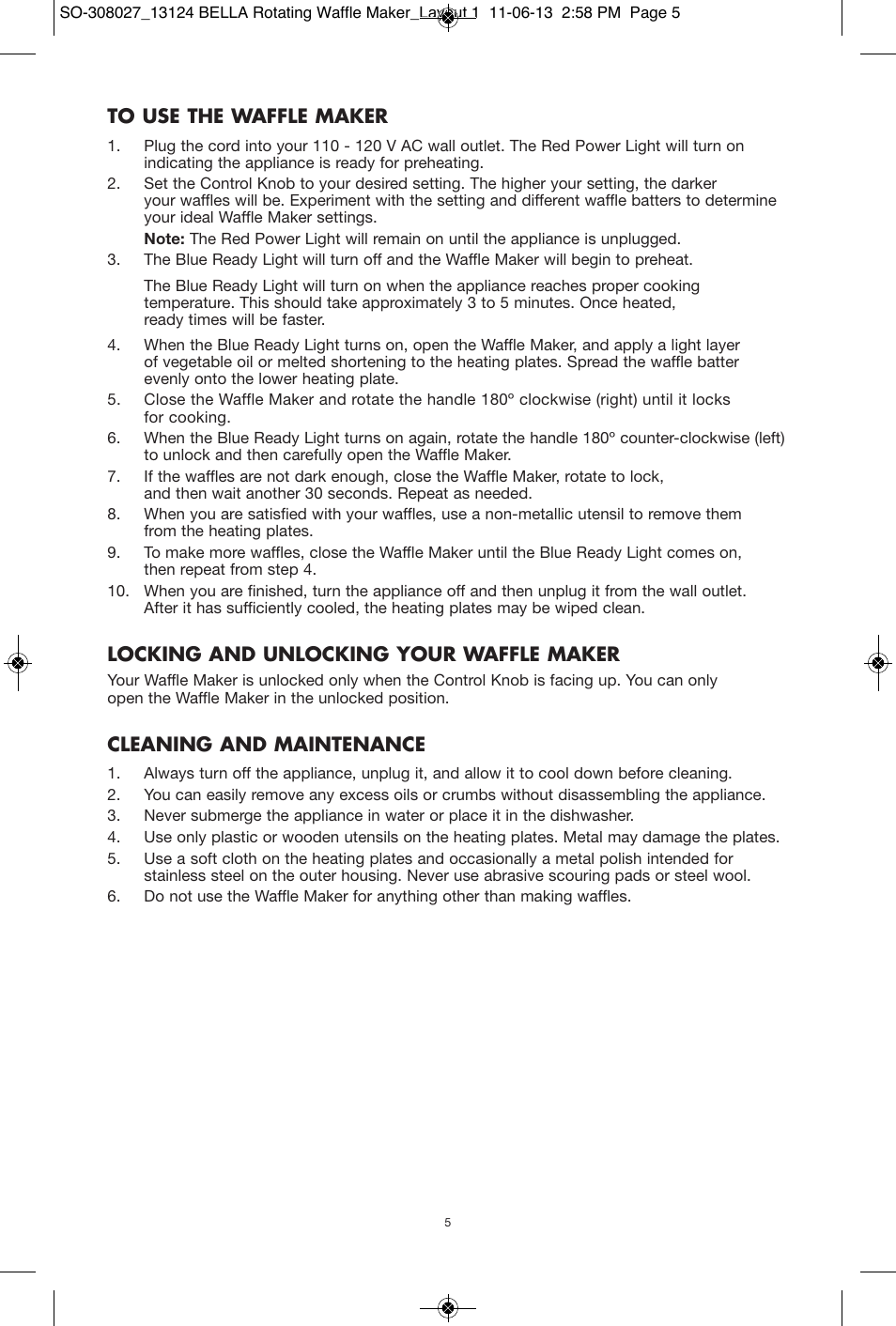 Locking and unlocking your waffle maker, Cleaning and maintenance | BELLA 13124 Rotating Waffle Maker User Manual | Page 5 / 32