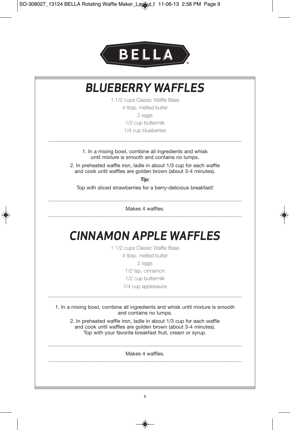 Blueberry waffles, Cinnamon apple waffles | BELLA 13124 Rotating Waffle Maker User Manual | Page 9 / 32