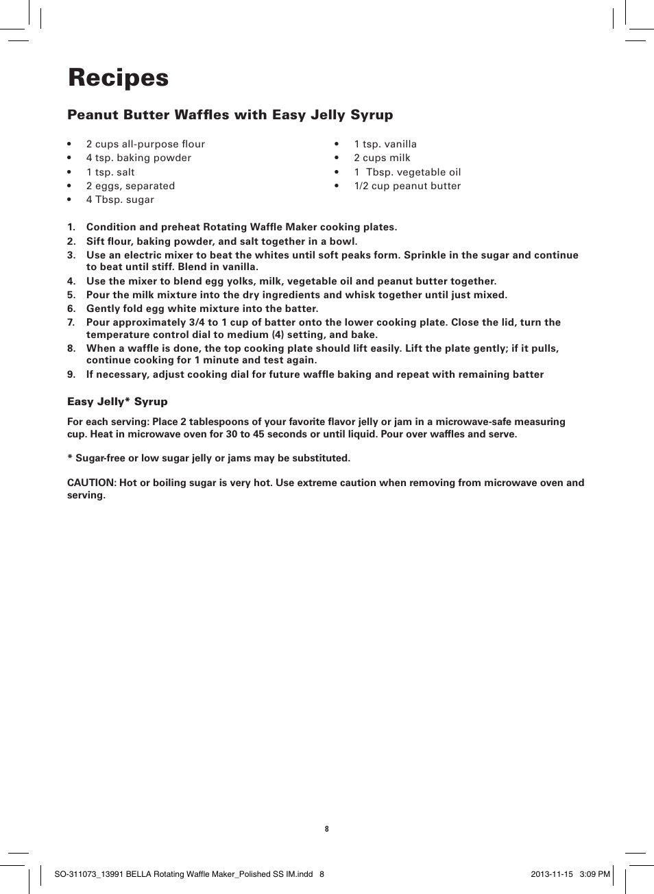 Recipes, Peanut butter waffles with easy jelly syrup | BELLA 13991 Rotating Waffle Maker User Manual | Page 10 / 32