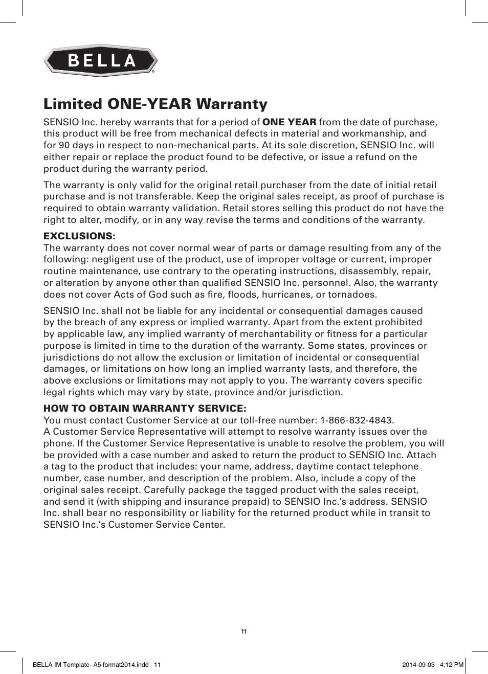 Limited one-year warranty | BELLA 13991 Rotating Waffle Maker User Manual | Page 12 / 32