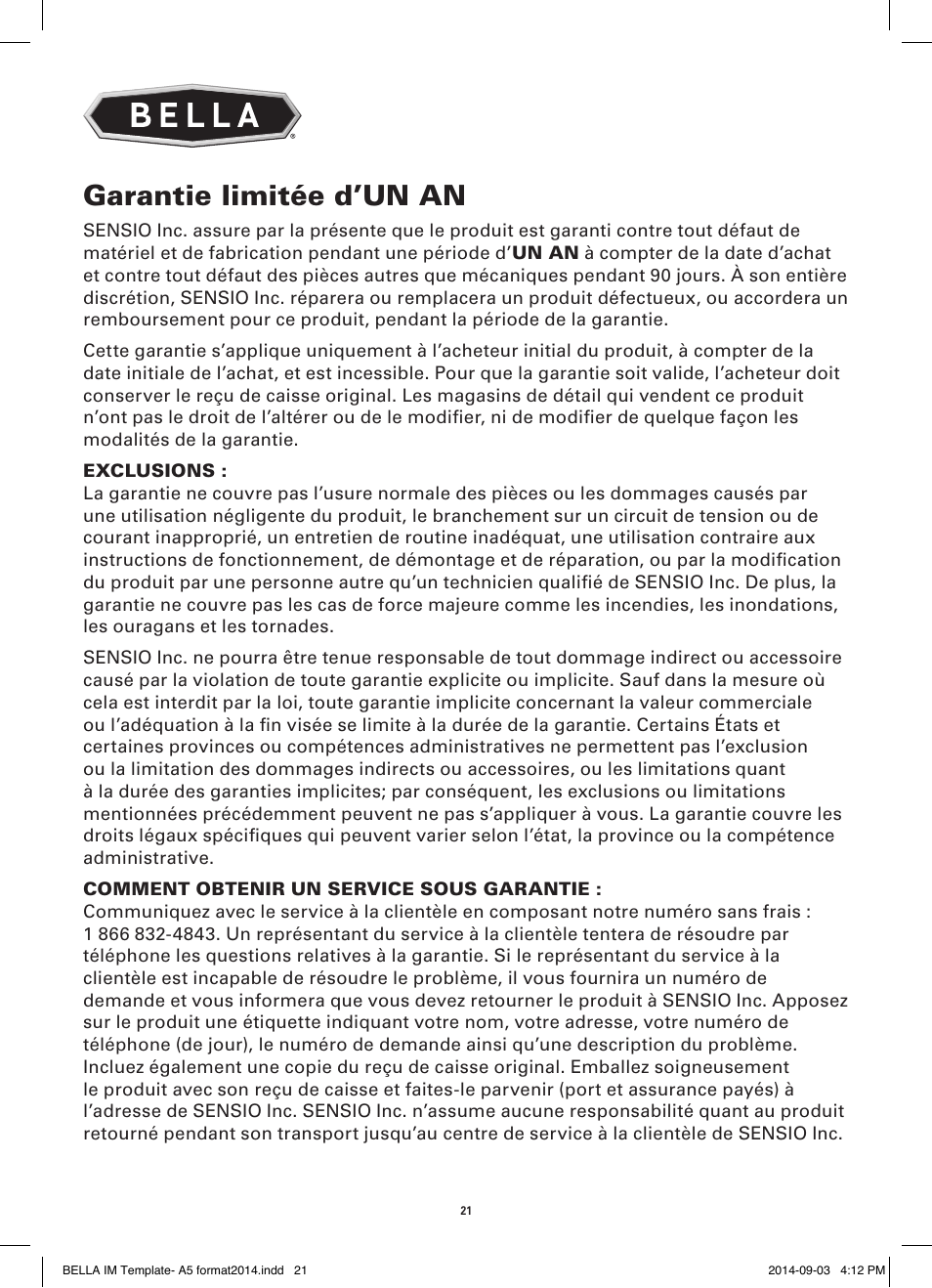 Garantie limitée d’un an | BELLA 13991 Rotating Waffle Maker User Manual | Page 21 / 32