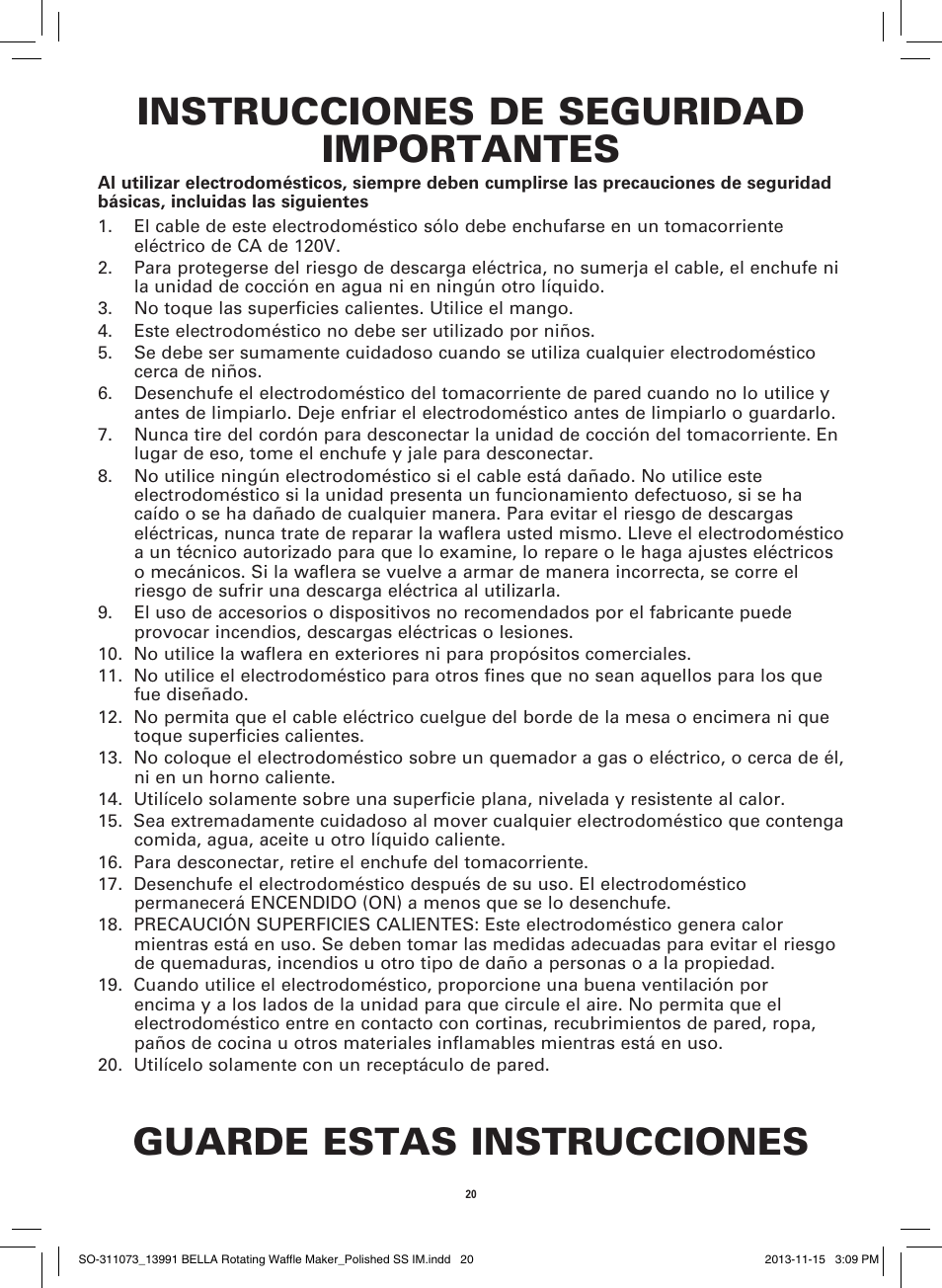 Instrucciones de seguridad importantes, Guarde estas instrucciones | BELLA 13991 Rotating Waffle Maker User Manual | Page 22 / 32