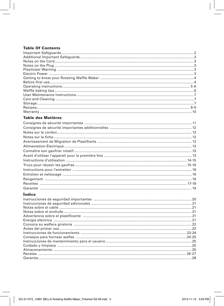 BELLA 13991 Rotating Waffle Maker User Manual | Page 3 / 32