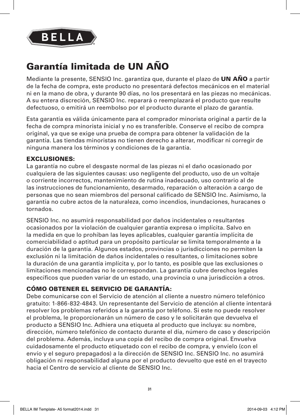 Garantía limitada de un año | BELLA 13991 Rotating Waffle Maker User Manual | Page 30 / 32