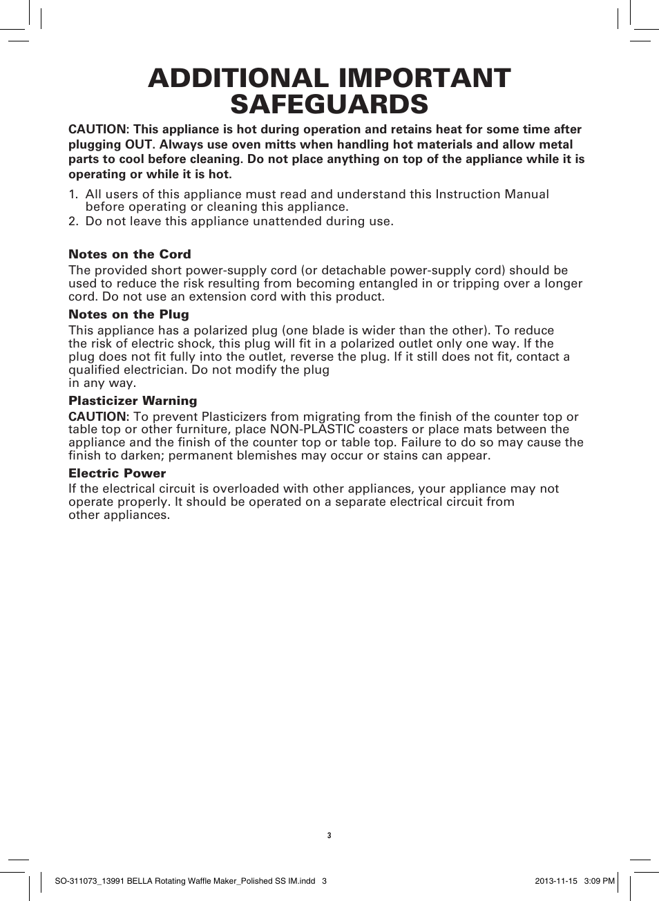 Additional important safeguards | BELLA 13991 Rotating Waffle Maker User Manual | Page 5 / 32