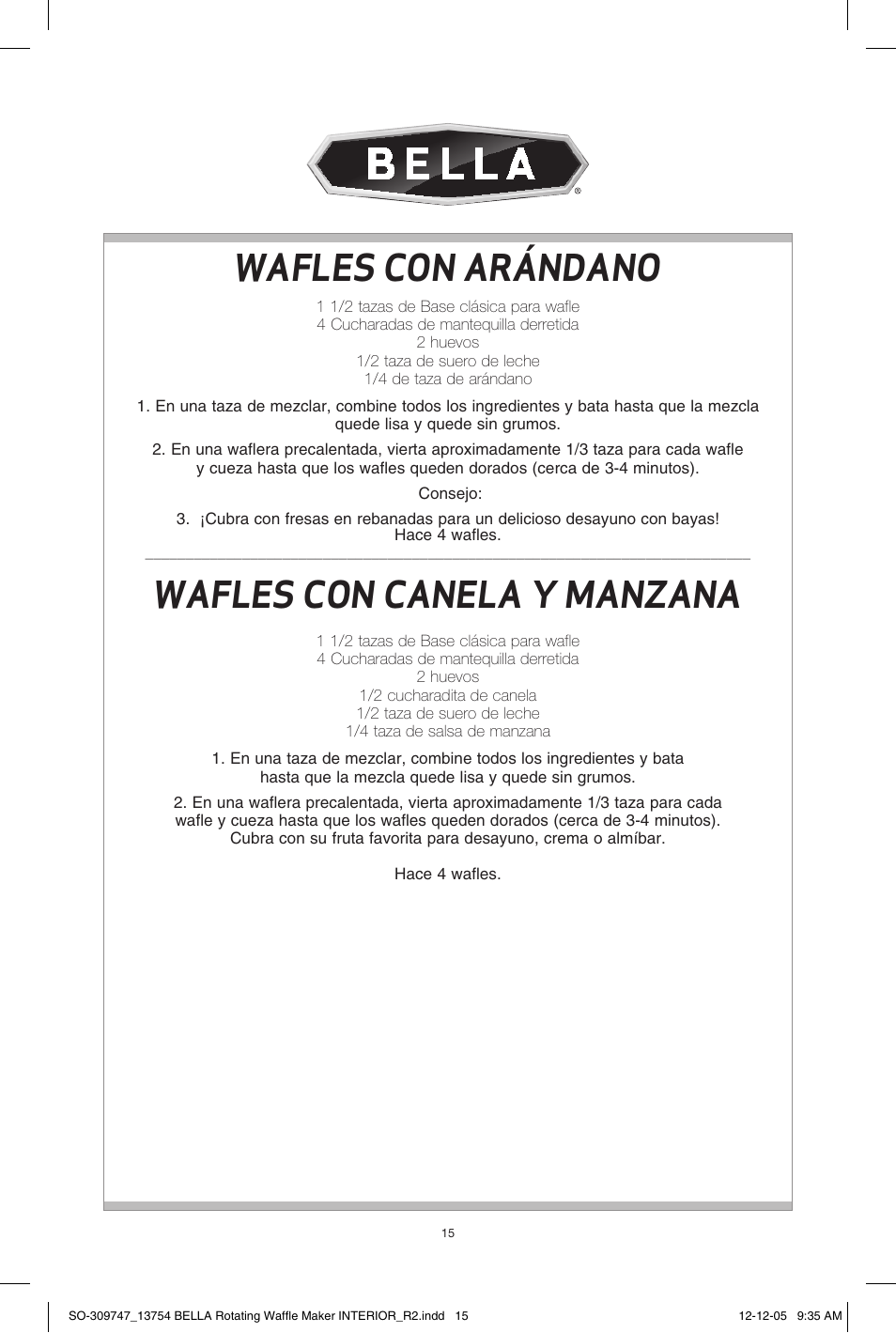 Wafles con arándano, Wafles con canela y manzana | BELLA 13754 Rotating Waffle Maker User Manual | Page 15 / 18