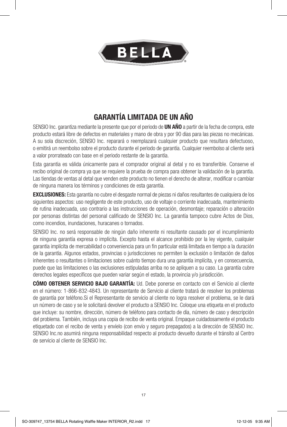 Garantía limitada de un año | BELLA 13754 Rotating Waffle Maker User Manual | Page 17 / 18