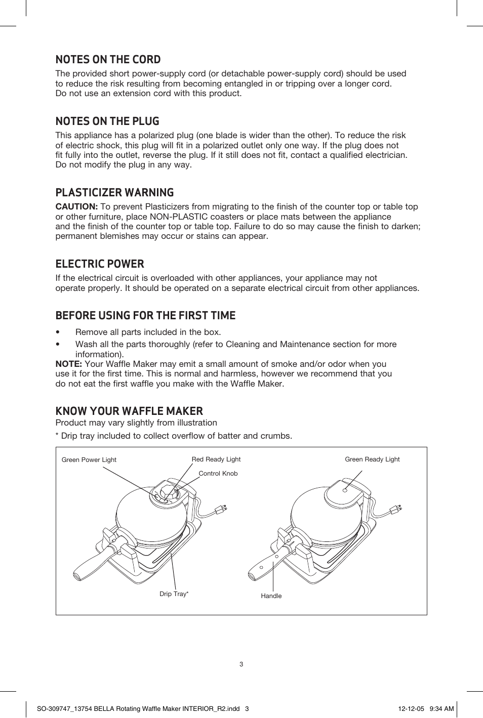 Plasticizer warning, Electric power, Before using for the first time | Know your waffle maker | BELLA 13754 Rotating Waffle Maker User Manual | Page 3 / 18