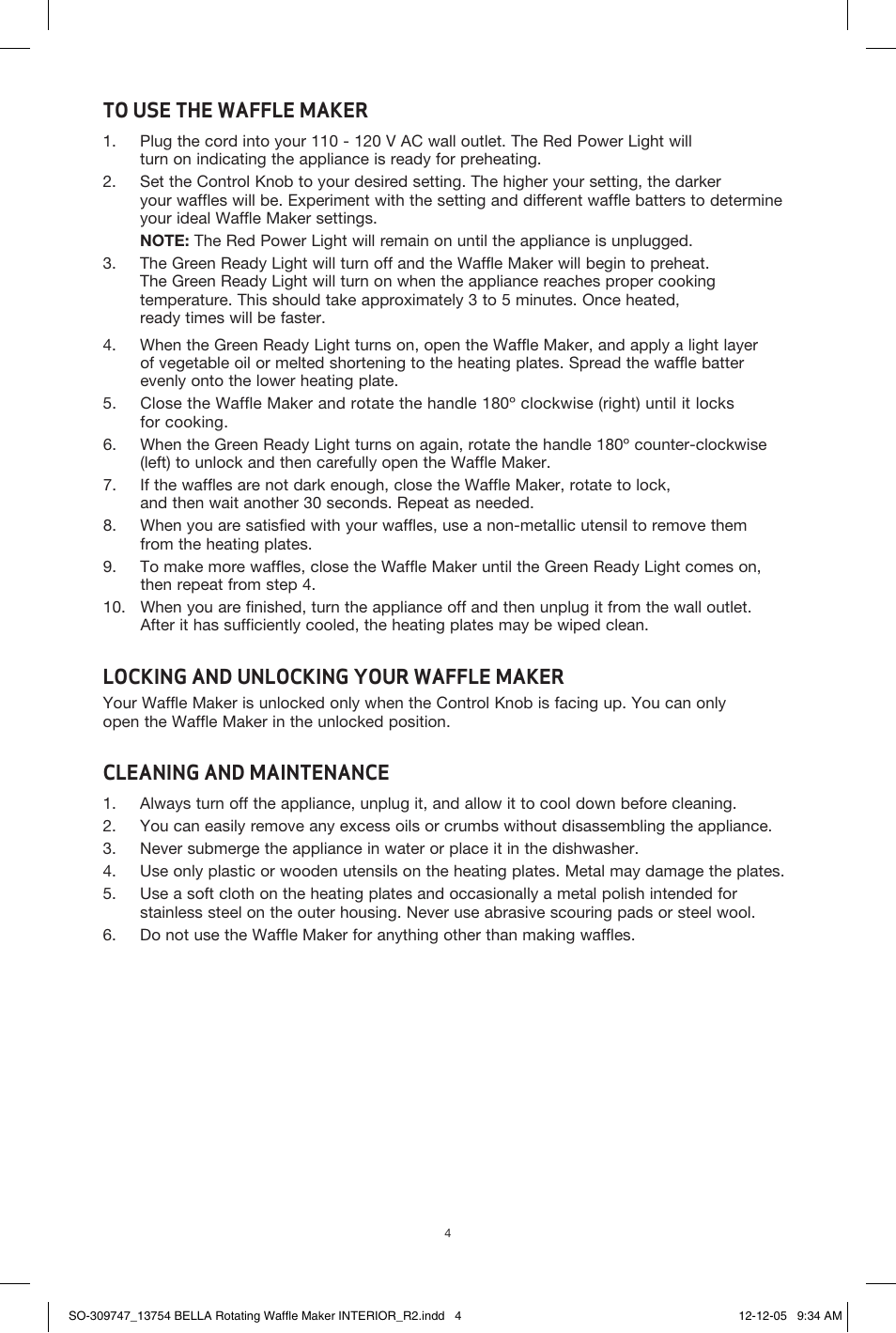 Locking and unlocking your waffle maker, Cleaning and maintenance | BELLA 13754 Rotating Waffle Maker User Manual | Page 4 / 18