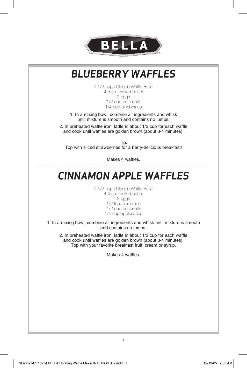 Blueberry waffles, Cinnamon apple waffles | BELLA 13754 Rotating Waffle Maker User Manual | Page 7 / 18