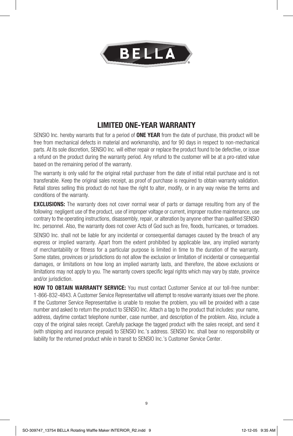 Limited one-year warranty | BELLA 13754 Rotating Waffle Maker User Manual | Page 9 / 18