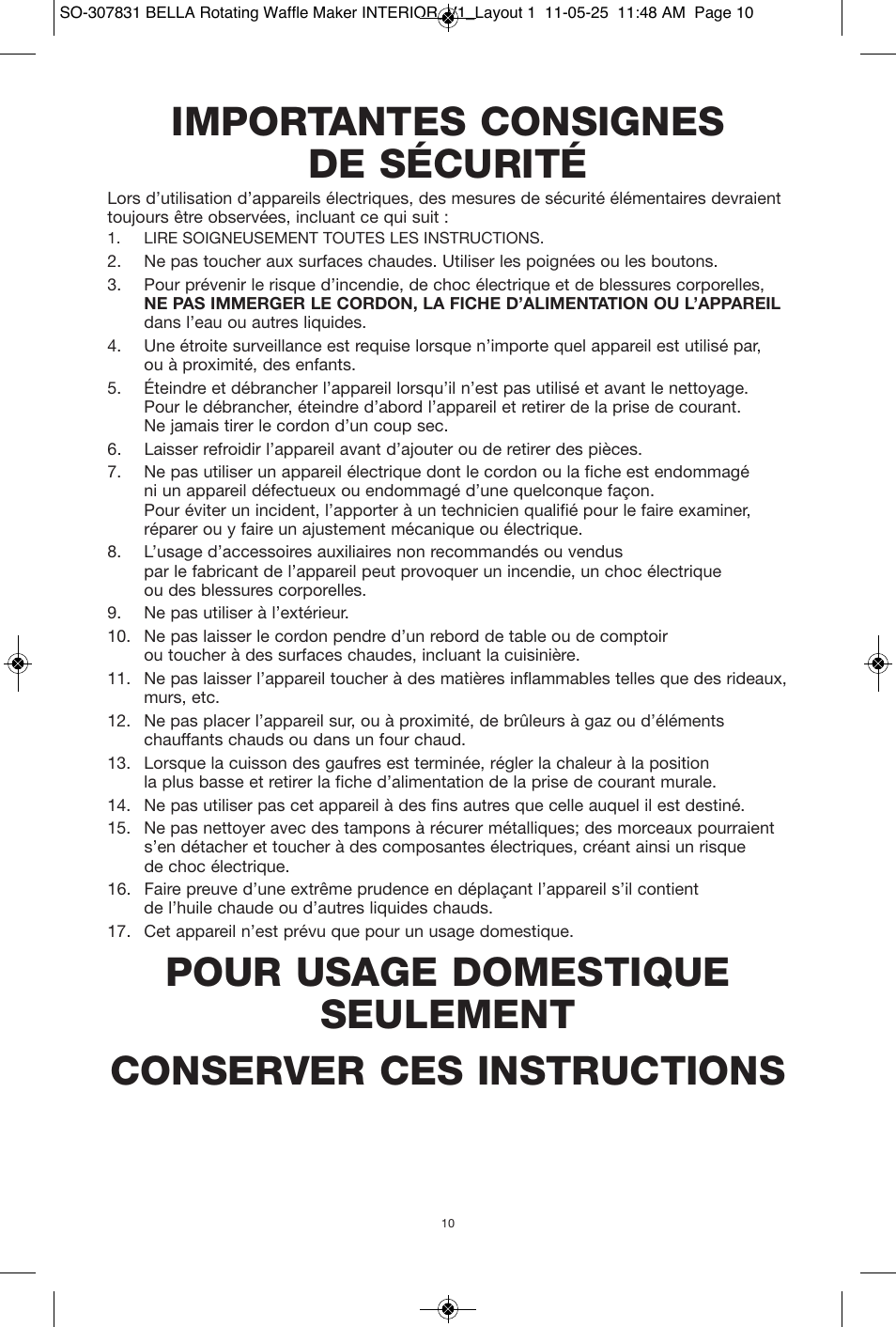 Importantes consignes de sécurité | BELLA 13591 Rotating Waffle Maker User Manual | Page 11 / 26