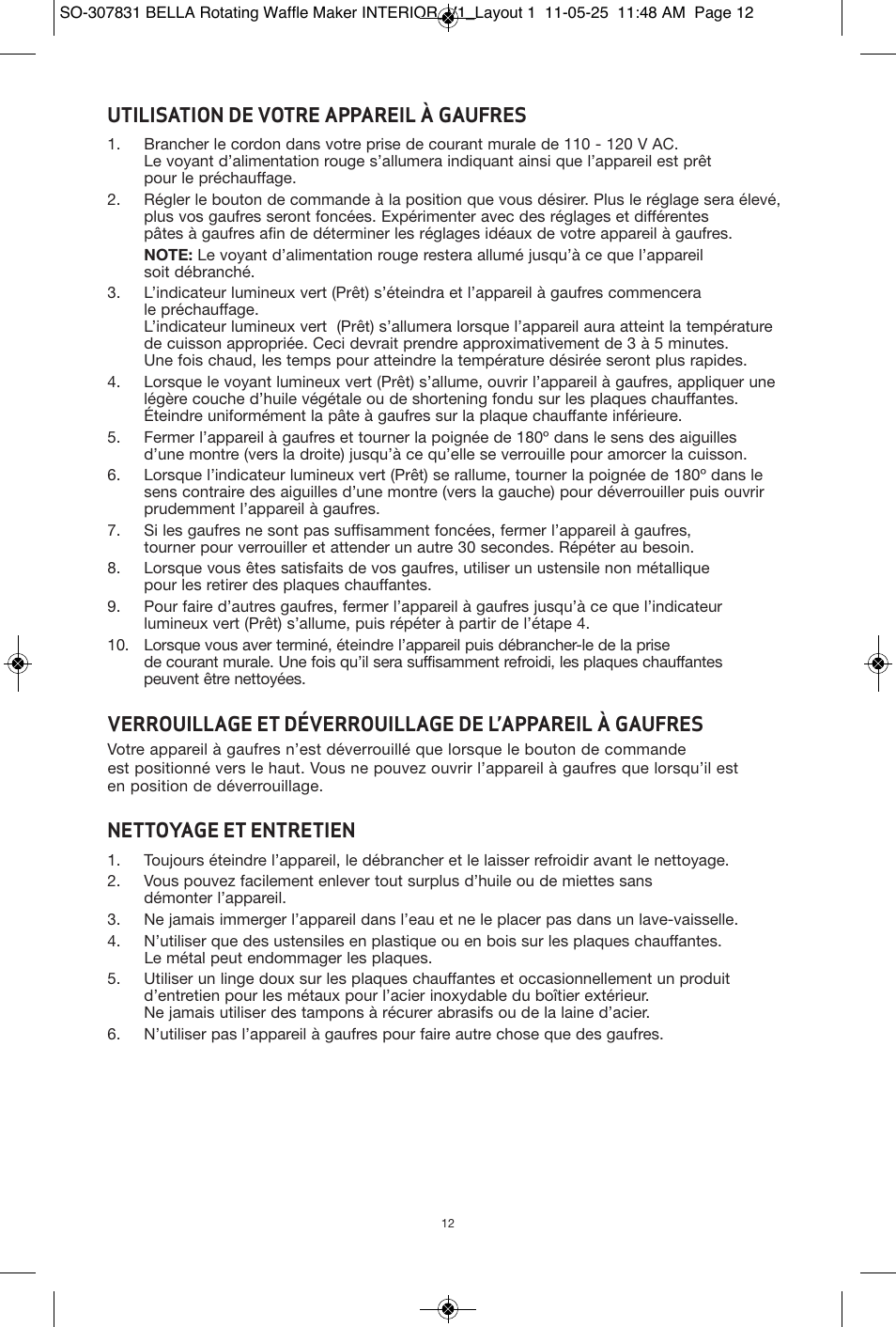 Utilisation de votre appareil à gaufres, Nettoyage et entretien | BELLA 13591 Rotating Waffle Maker User Manual | Page 13 / 26
