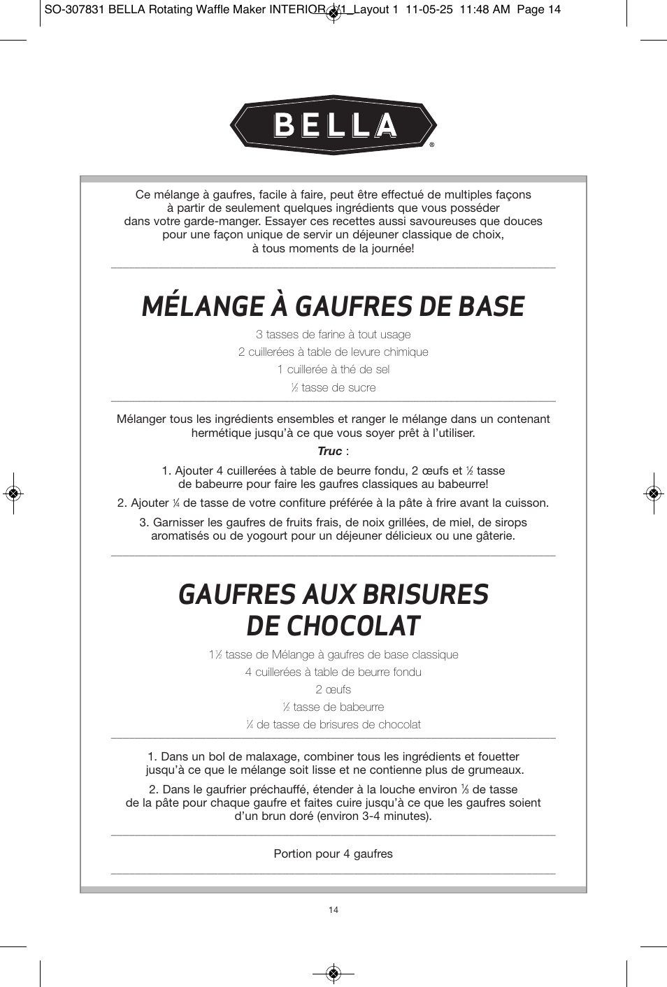 Mélange à gaufres de base, Gaufres aux brisures de chocolat | BELLA 13591 Rotating Waffle Maker User Manual | Page 15 / 26