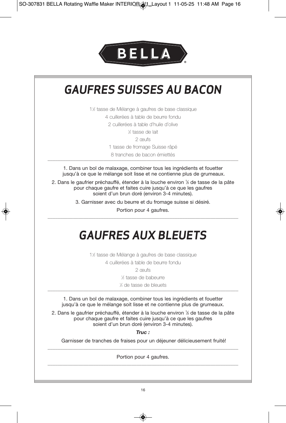 Gaufres suisses au bacon, Gaufres aux bleuets | BELLA 13591 Rotating Waffle Maker User Manual | Page 17 / 26