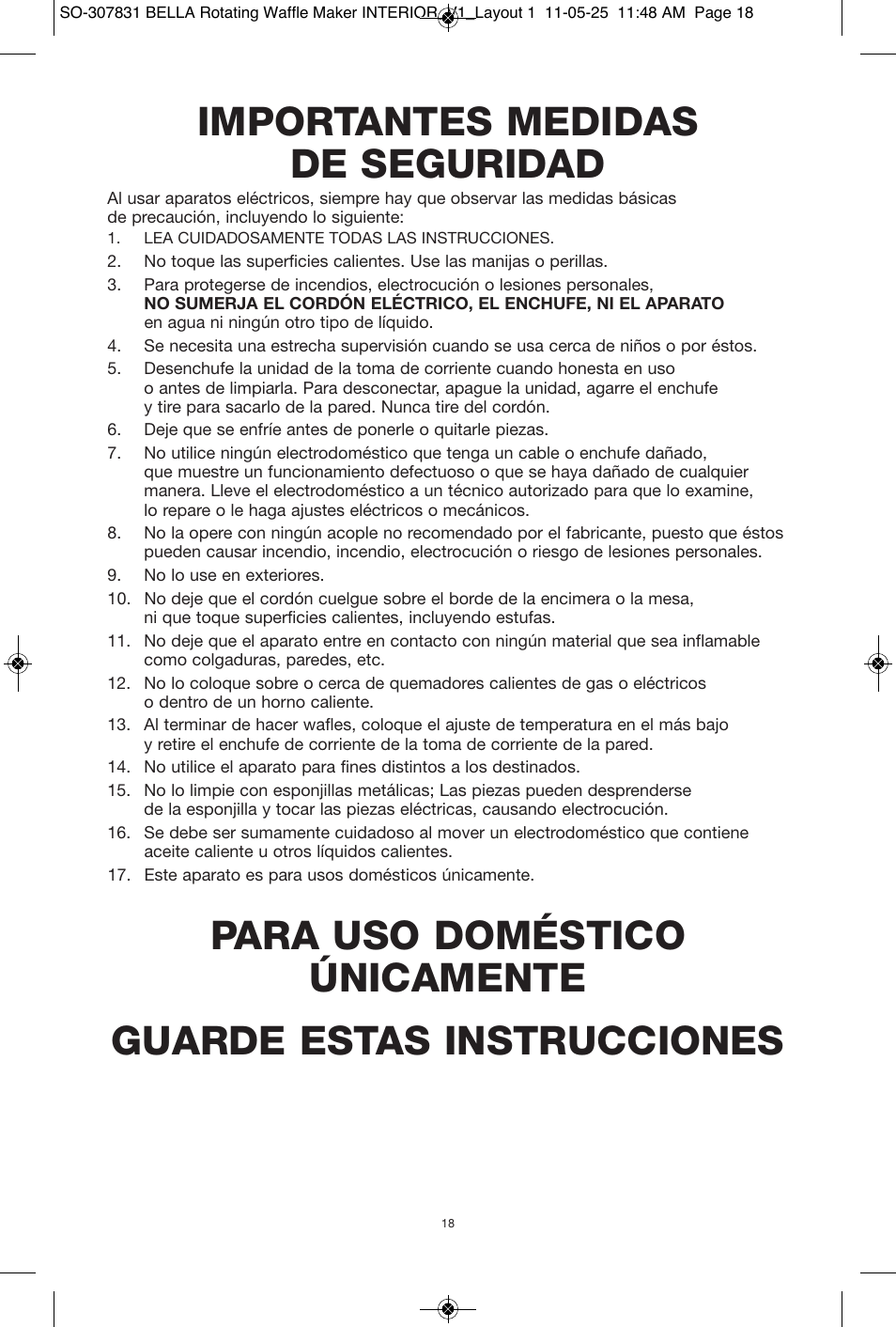 Importantes medidas de seguridad | BELLA 13591 Rotating Waffle Maker User Manual | Page 19 / 26