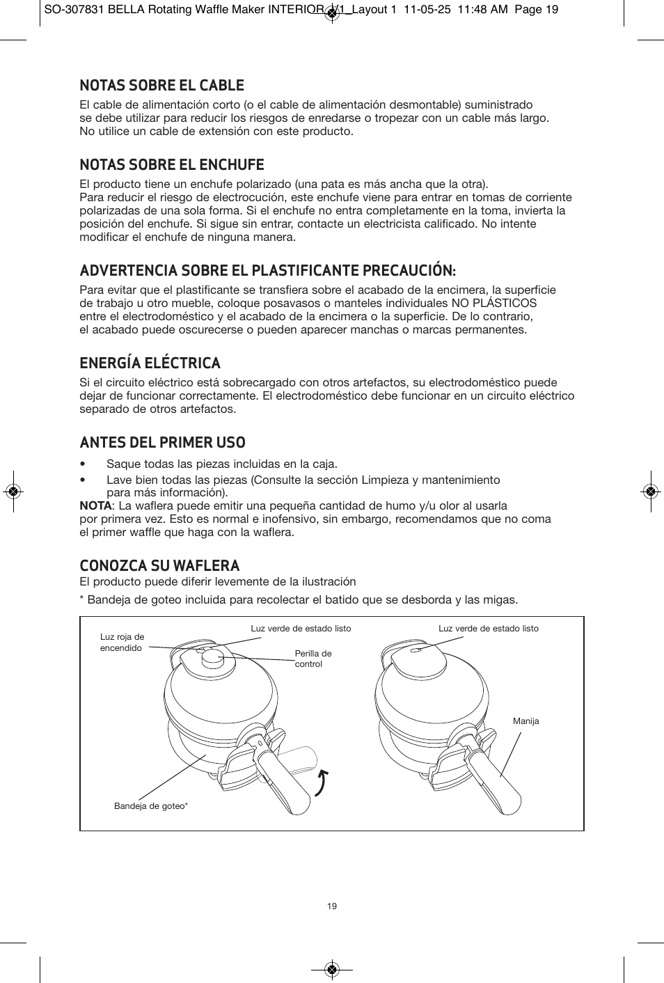 Notas sobre el cable, Notas sobre el enchufe, Advertencia sobre el plastificante precaución | Energía eléctrica, Antes del primer uso, Conozca su waflera | BELLA 13591 Rotating Waffle Maker User Manual | Page 20 / 26