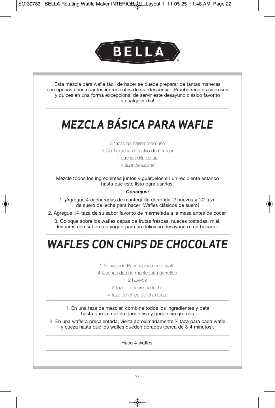 Mezcla básica para wafle, Wafles con chips de chocolate | BELLA 13591 Rotating Waffle Maker User Manual | Page 23 / 26