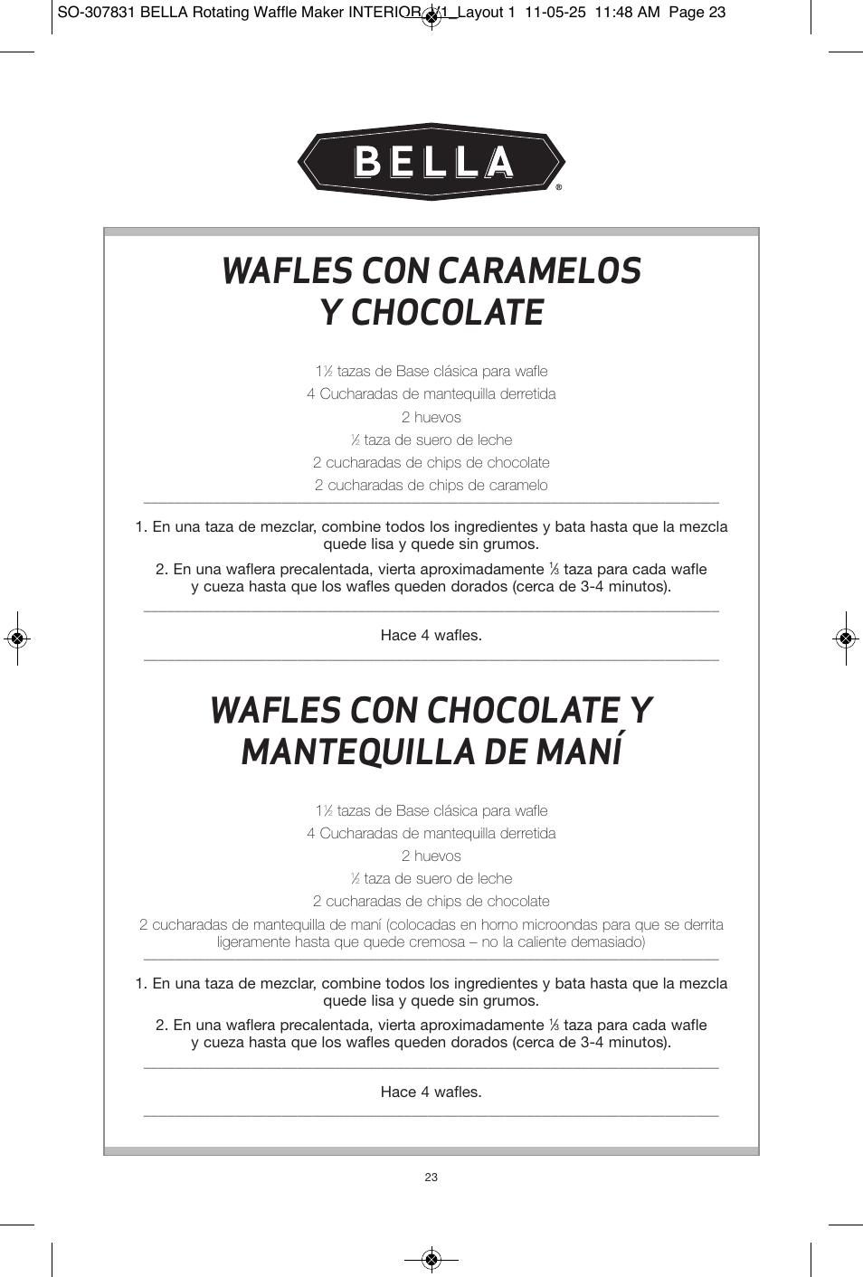 Wafles con caramelos y chocolate, Wafles con chocolate y mantequilla de maní | BELLA 13591 Rotating Waffle Maker User Manual | Page 24 / 26